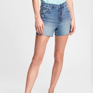 3.5” High Rise Button-Fly Denim Shorts Distressed